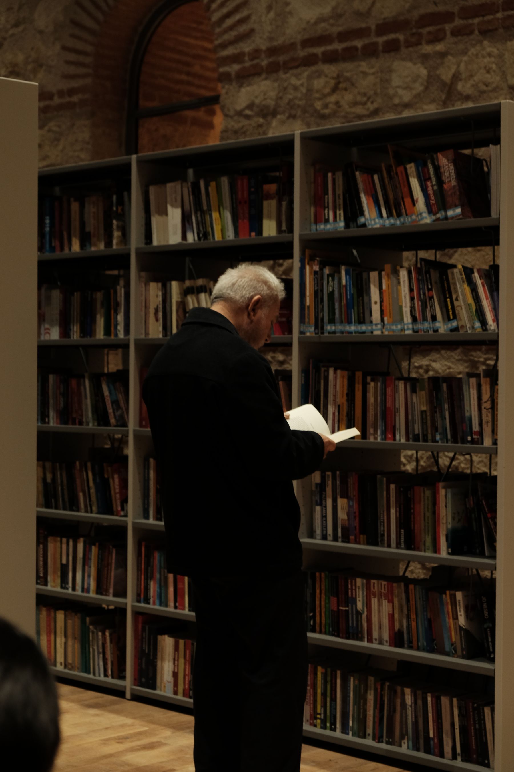 Researcher reading in a library archive surrounded by books